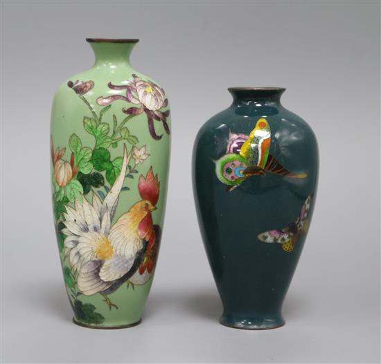 A Japanese Ginbari enamelled vase decorated with a cockerel on a green ground and a smaller vase H 7.5cm (tallest)